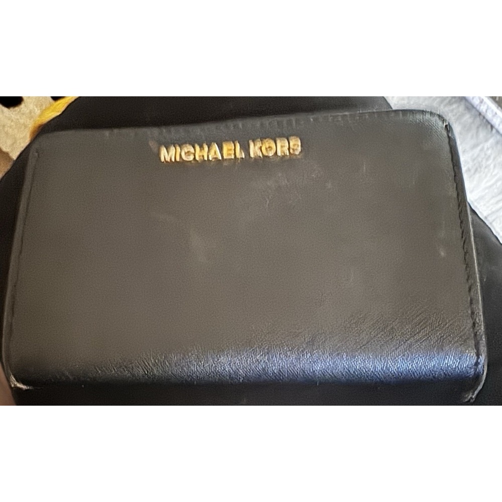 Michael Kors Black Zip-Around Wallet w/ ID Window Credit Card Slots Logo PT5